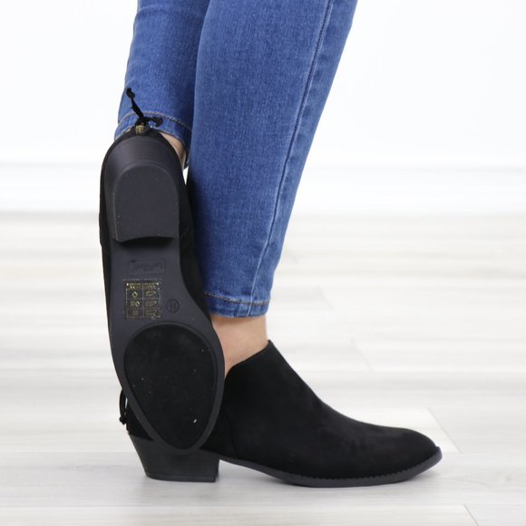 Black Vegan Suede Low Cut Ankle Booties - Picture 4 of 12